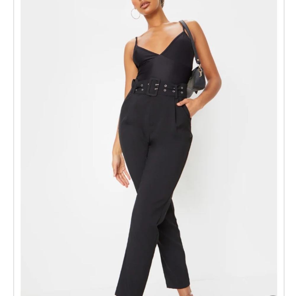 Black Dual Buckle Belted Cigarette Pants